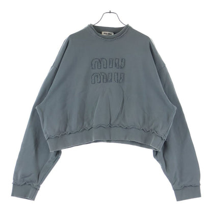 Miu Miu Distressed Short Length Logo Crew Neck Sweatshirt Gray
