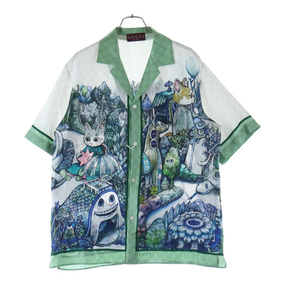 Gucci Yuko Higuchi GG Allover Graphic Print Silk Short Sleeve Open Collar Shirt