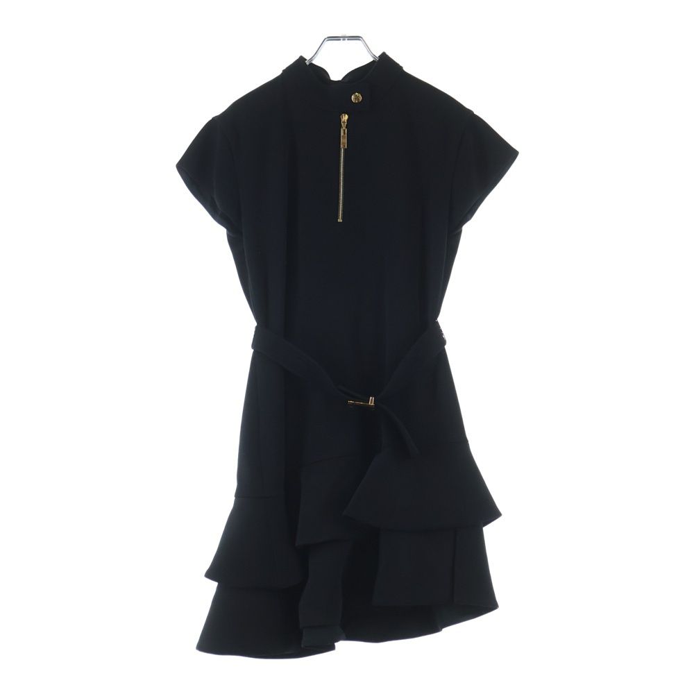 Louis Vuitton Wool Belt Stand Collar Short Sleeve Mini Dress Ruffle Black When