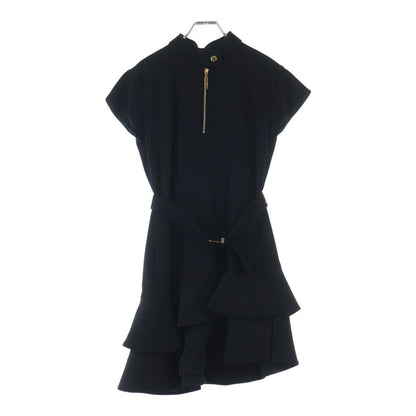 Louis Vuitton Wool Belt Stand Collar Short Sleeve Mini Dress Ruffle Black When
