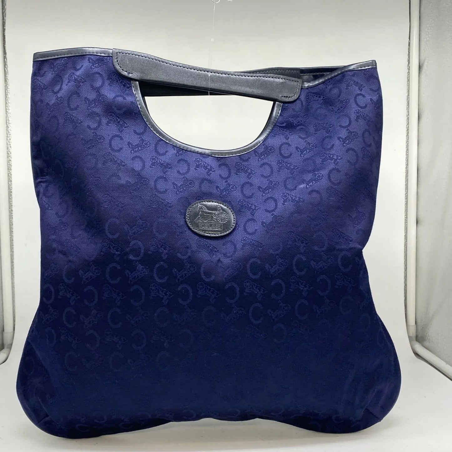 Celine Handbag Macadam Canvas Navy Blue Business Vertical