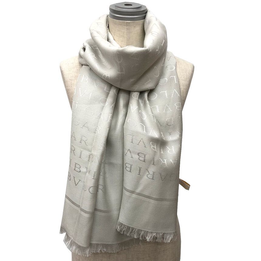 Bvlgari Logo Mania Shawl Silk Wool Silver Gray Scarf — view 2