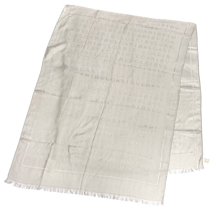 Bvlgari Logo Mania Shawl Silk Wool Silver Gray Scarf