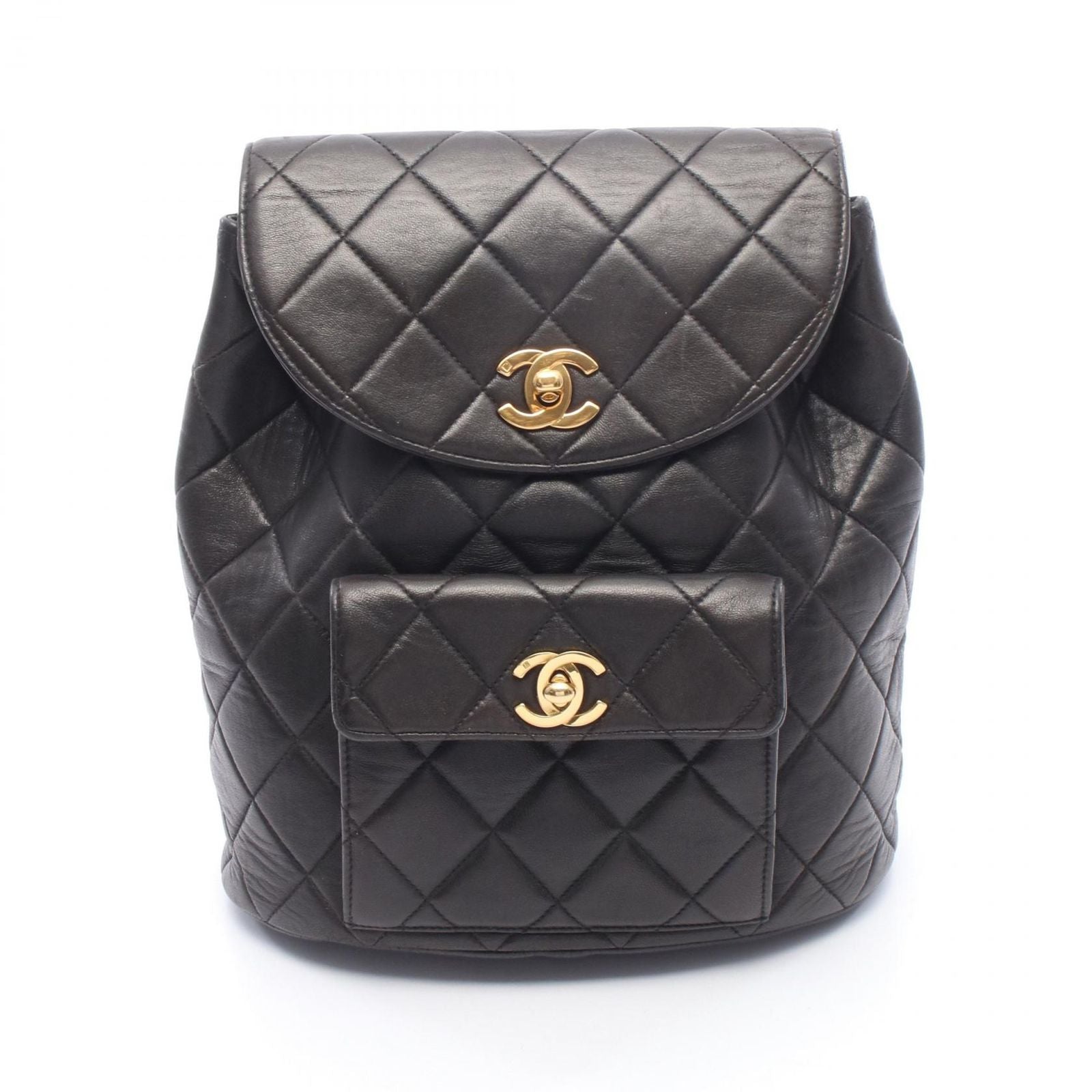 Chanel Backpack Quilted Black Lambskin Double Turnlock Chain