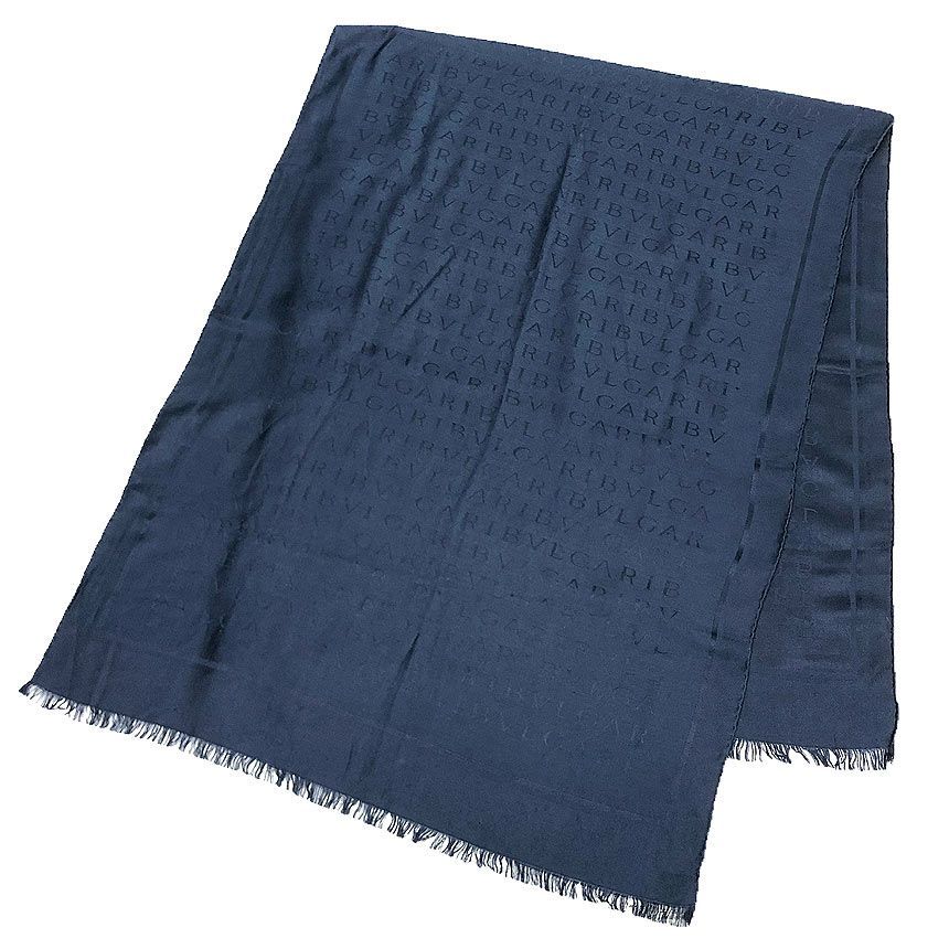 Bvlgari Logo Mania Shawl Silk Wool Navy Scarf