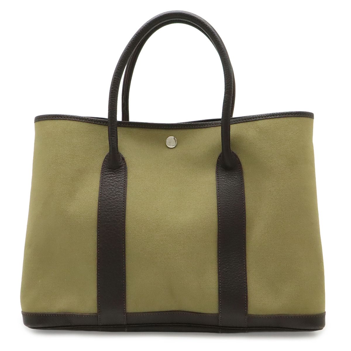Hermes Garden Party PM Tote Canvas Leather Khaki Dark Brown Silver