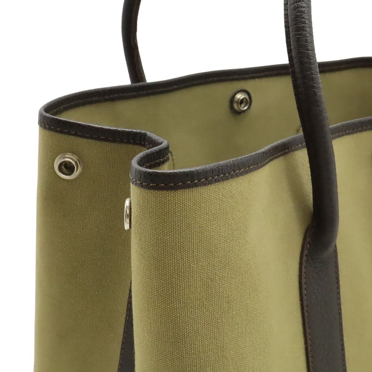 Hermes Garden Party PM Tote Canvas Leather Khaki Dark Brown Silver — view 4