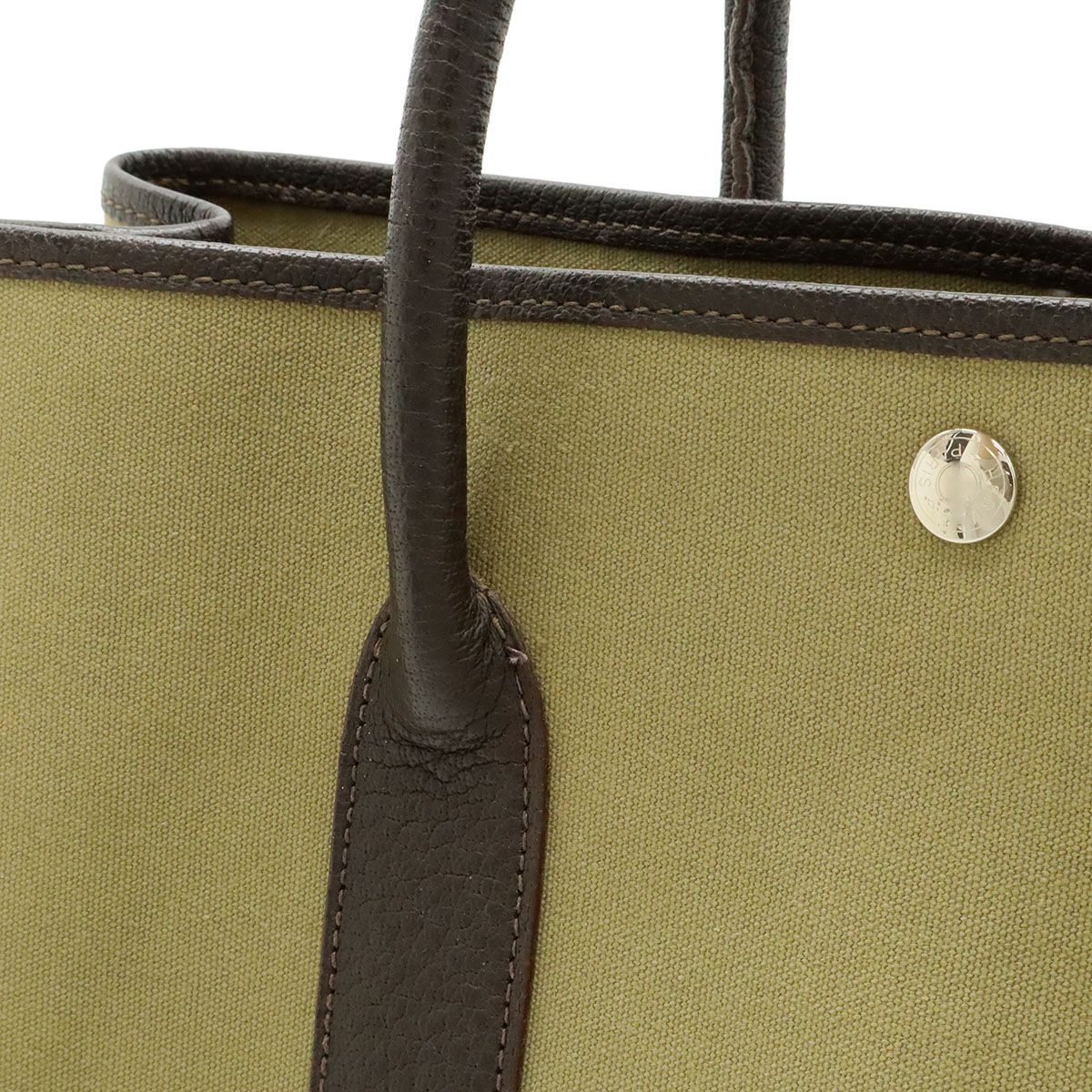 Hermes Garden Party PM Tote Canvas Leather Khaki Dark Brown Silver — view 9