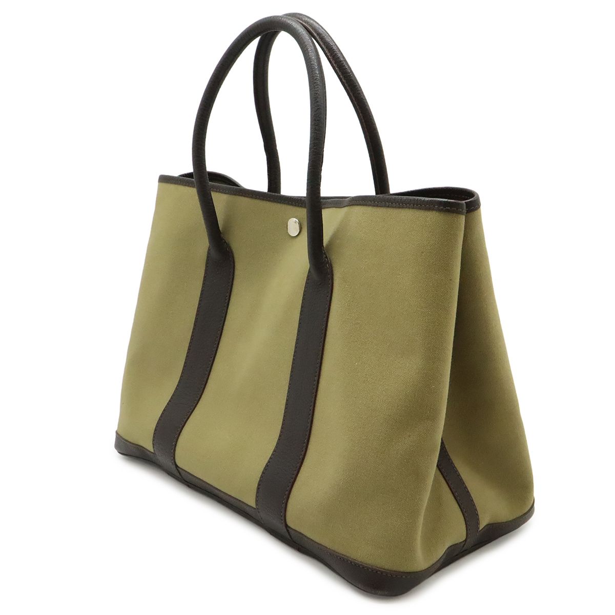 Hermes Garden Party PM Tote Canvas Leather Khaki Dark Brown Silver — view 2