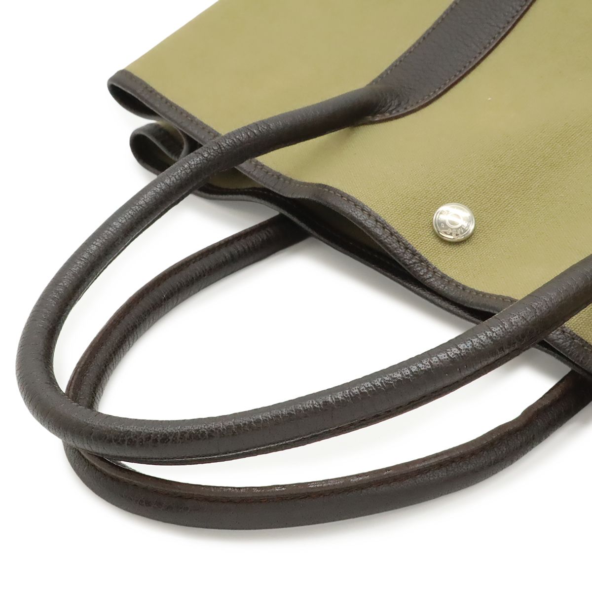 Hermes Garden Party PM Tote Canvas Leather Khaki Dark Brown Silver — view 6