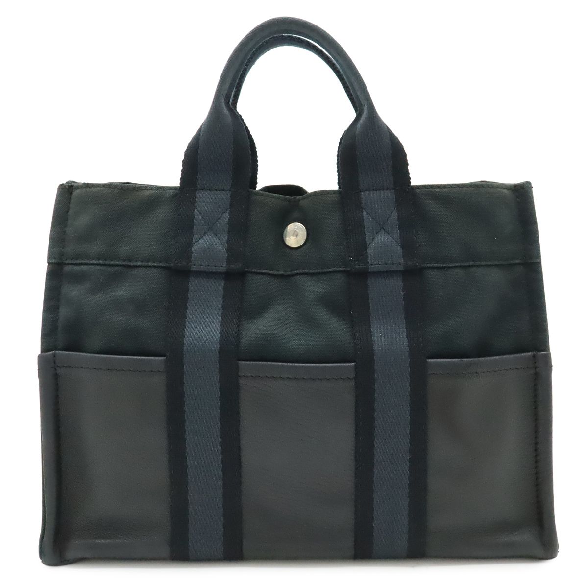 Hermes Fourre Tout PM Tote Half Leather Canvas Navy Black Silver