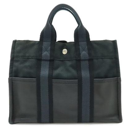 Hermes Fourre Tout PM Tote Half Leather Canvas Navy Black Silver
