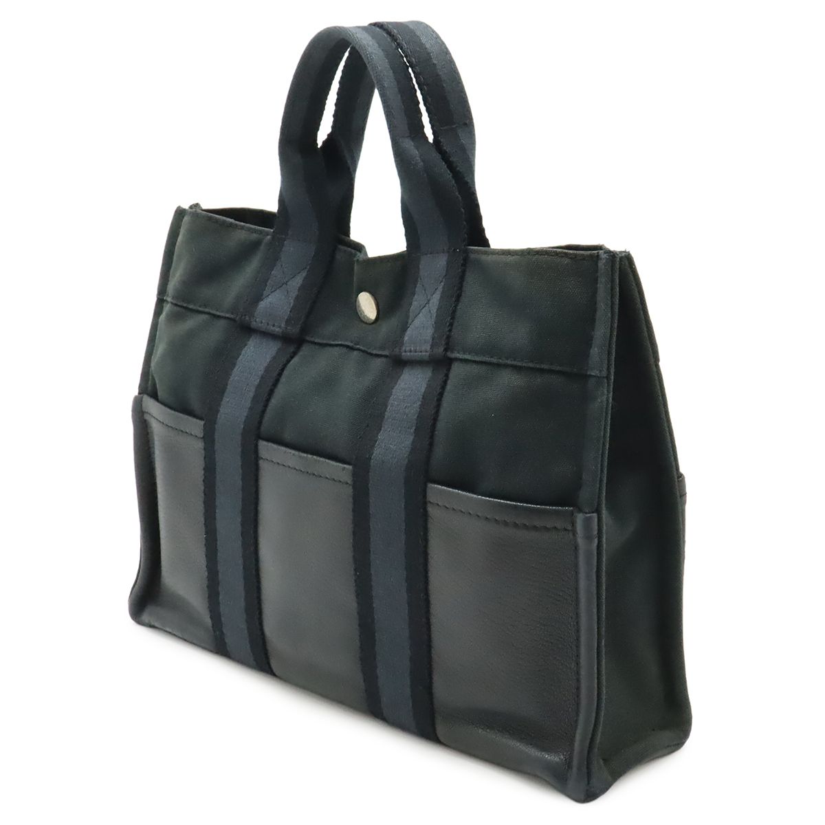 Hermes Fourre Tout PM Tote Half Leather Canvas Navy Black Silver — view 2