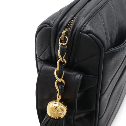 Chanel Bias Stitch CC Logo Fringe Tassel Shoulder Bag Lambskin Leather Black — view 4
