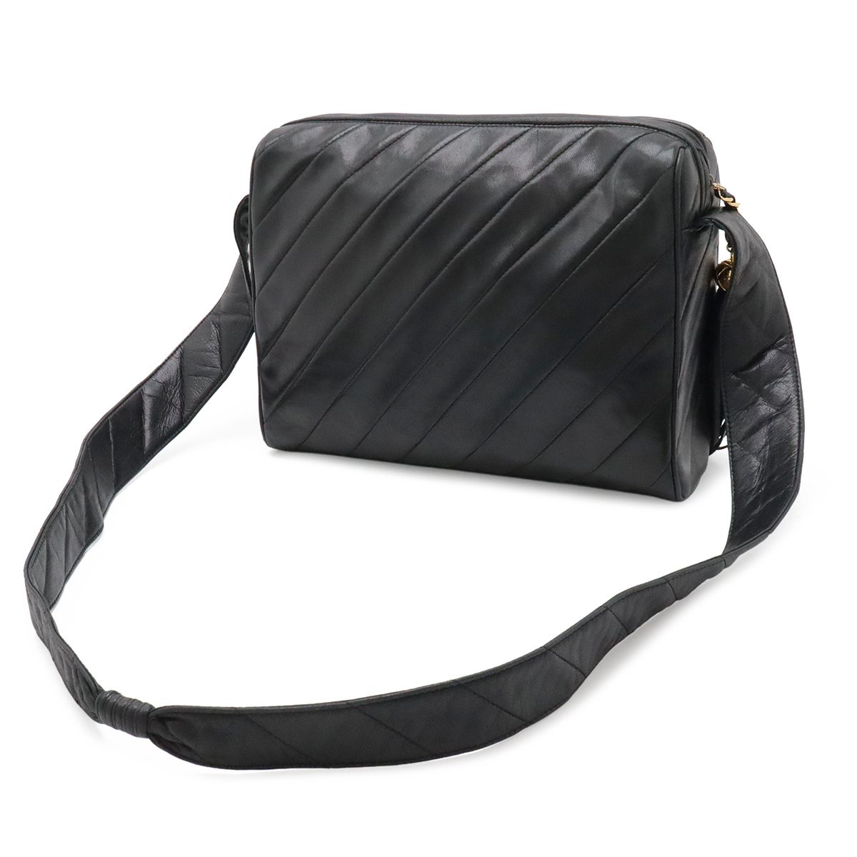 Chanel Bias Stitch CC Logo Fringe Tassel Shoulder Bag Lambskin Leather Black — view 2