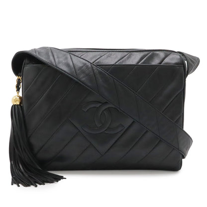 Chanel Bias Stitch CC Logo Fringe Tassel Shoulder Bag Lambskin Leather Black