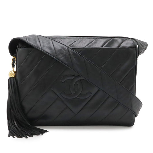 Chanel Bias Stitch CC Logo Fringe Tassel Shoulder Bag Lambskin Leather Black