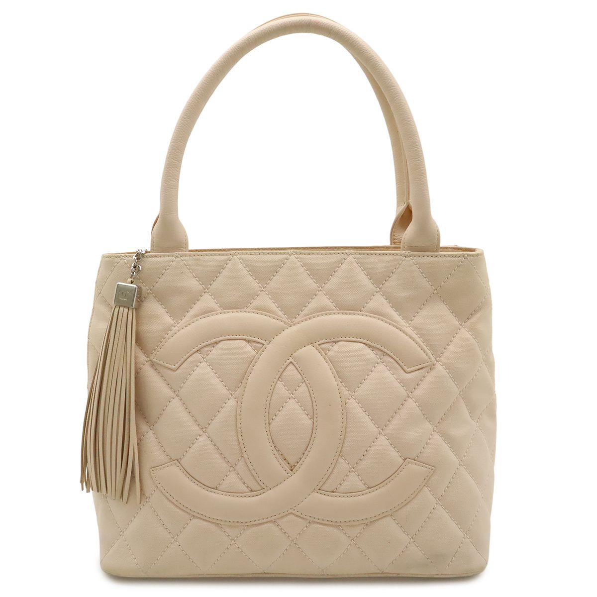 Chanel Quilted CC Logo Medallion Tote Shoulder Bag Canvas Leather Pink Gold