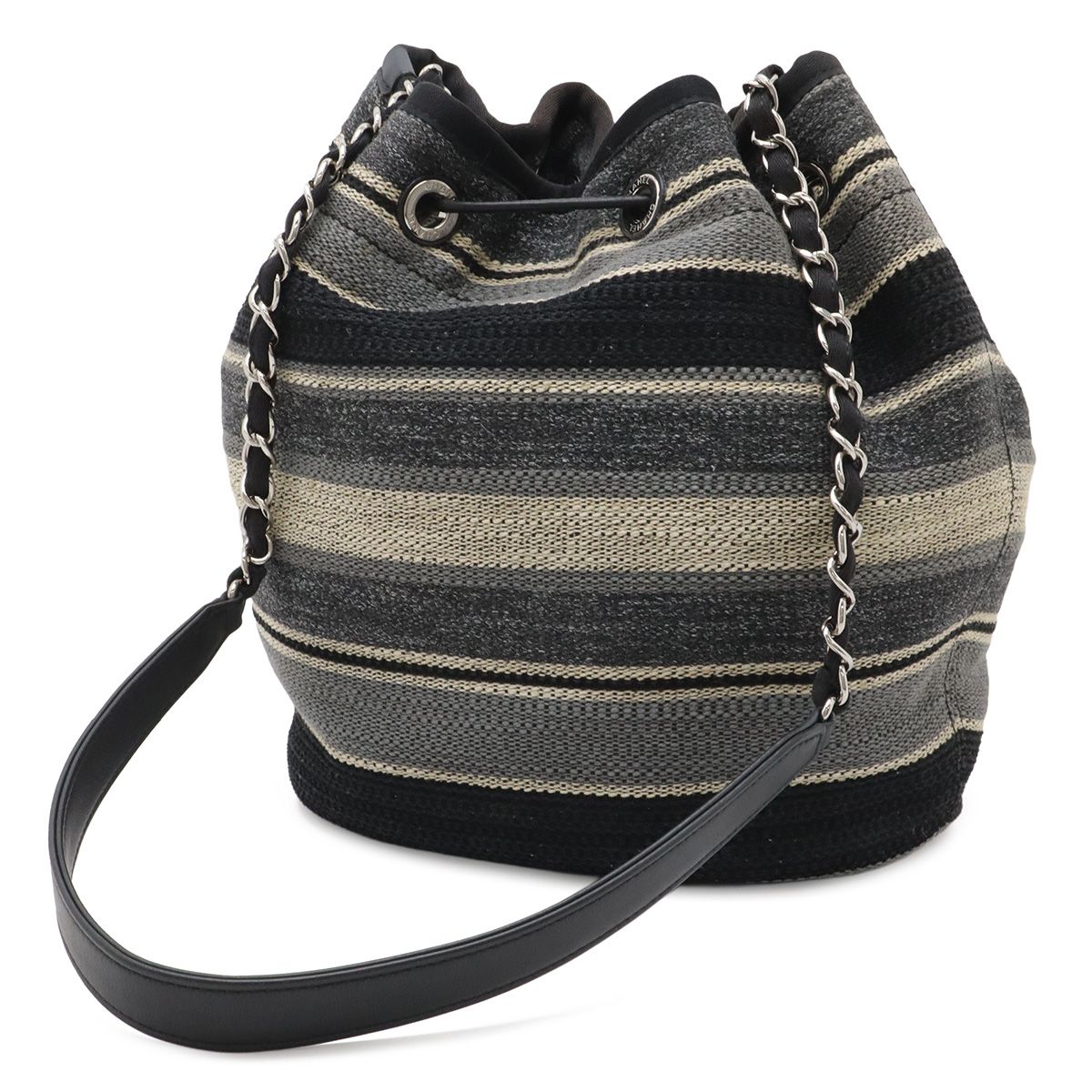 Chanel Deauville Border Drawstring Shoulder Bag Chain Canvas Leather Black — view 2