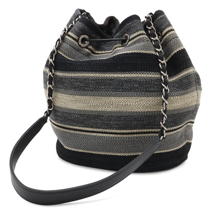 Chanel Deauville Border Drawstring Shoulder Bag Chain Canvas Leather Black — view 2