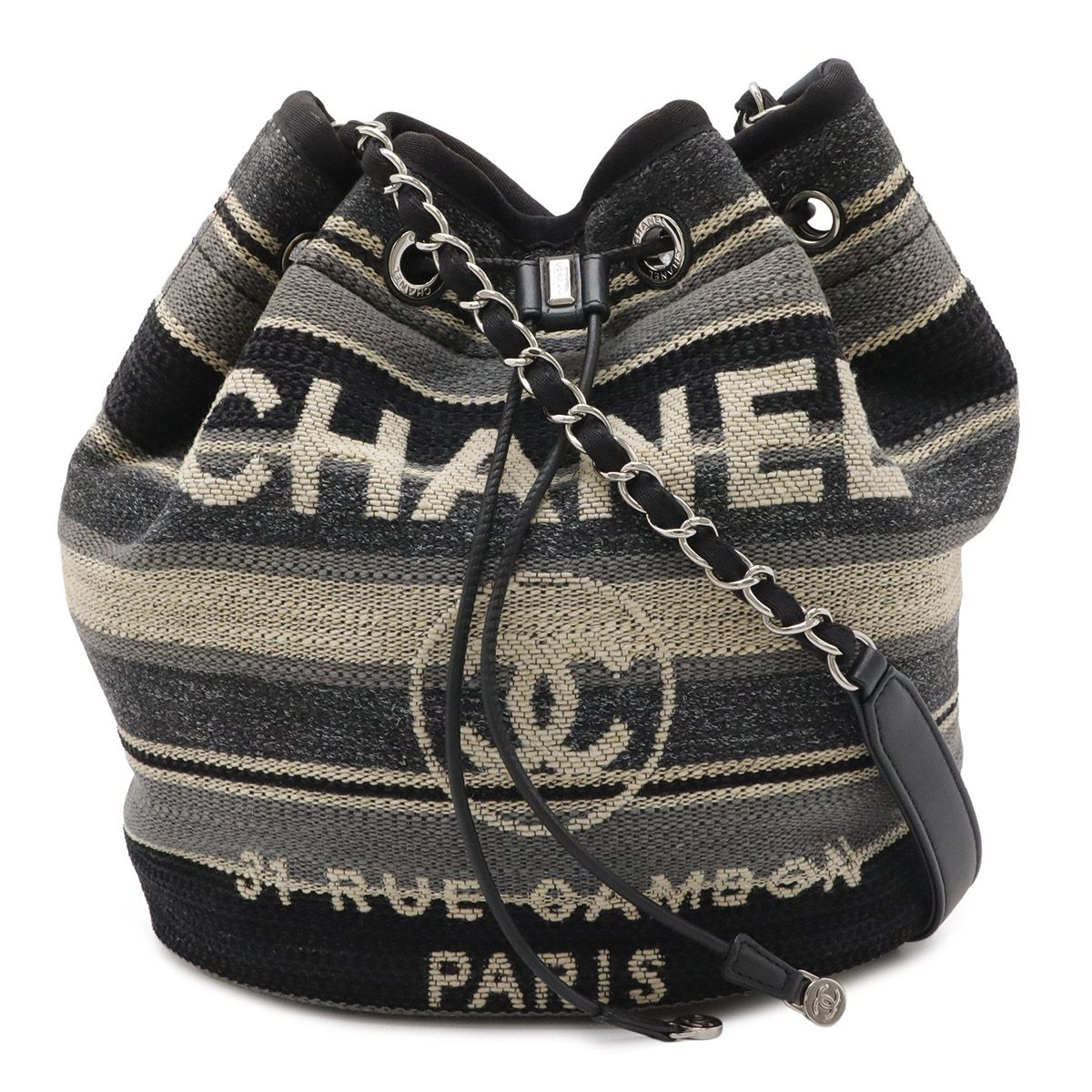 Chanel Deauville Border Drawstring Shoulder Bag Chain Canvas Leather Black