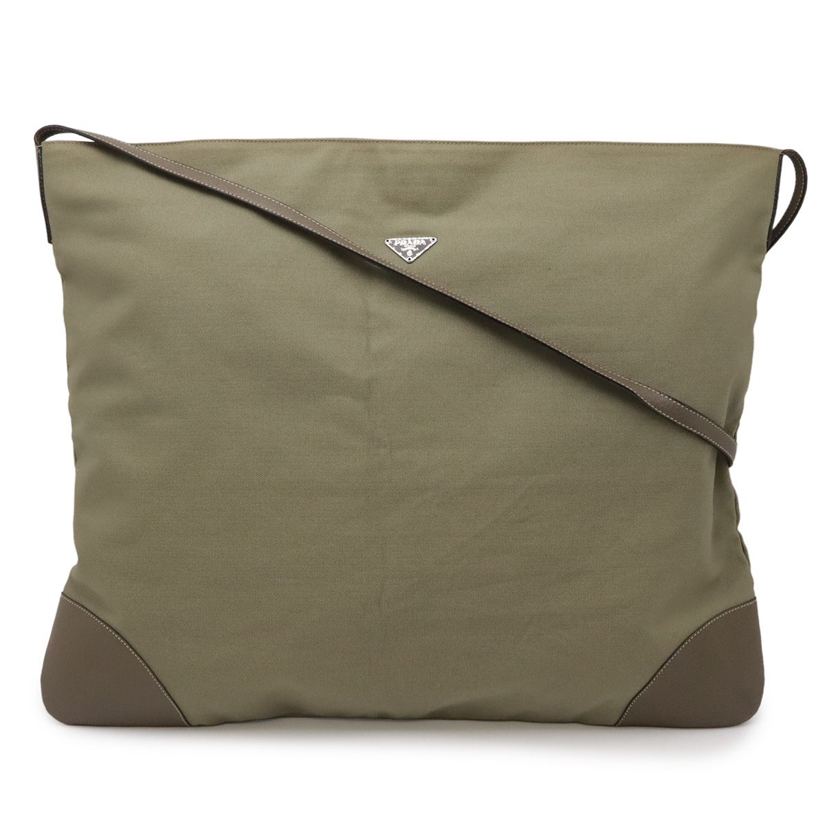 Prada Triangle Logo Tote Big Shoulder Bag Crossbody Canvas Leather Khaki Brown