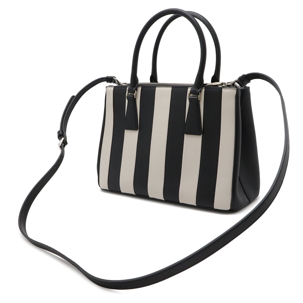 Prada Galleria Striped Triangle Handbag Saffiano Leather Nero Black White — view 2