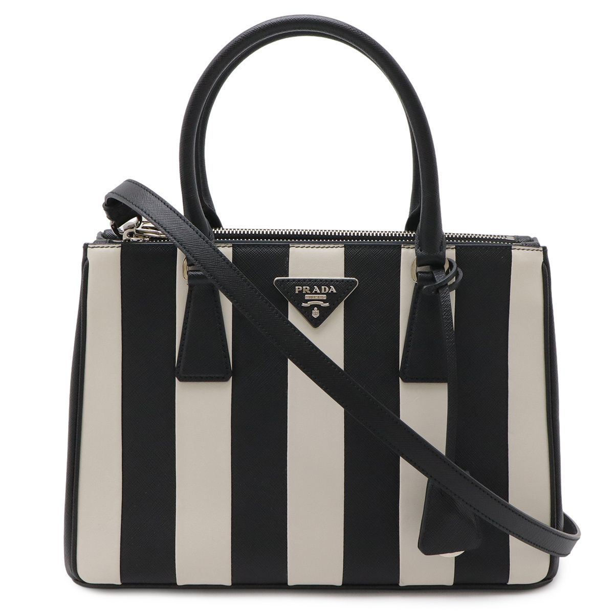 Prada Galleria Striped Triangle Handbag Saffiano Leather Nero Black White