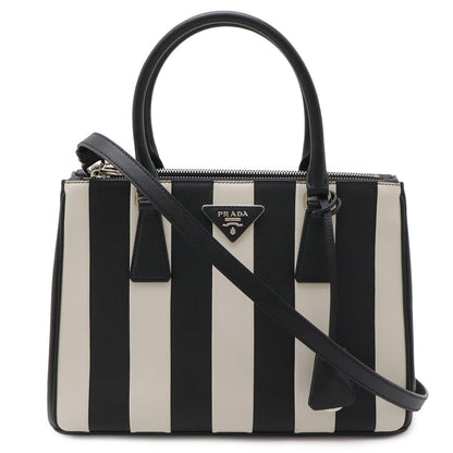 Prada Galleria Striped Triangle Handbag Saffiano Leather Nero Black White