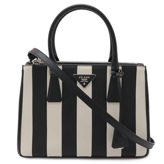 Prada Galleria Striped Triangle Handbag Saffiano Leather Nero Black White
