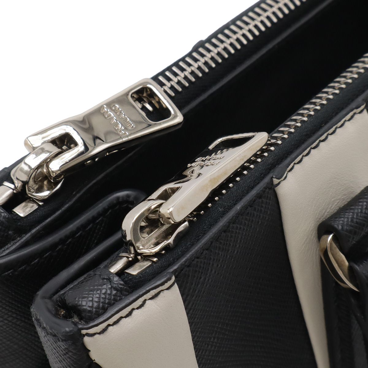 Prada Galleria Striped Triangle Handbag Saffiano Leather Nero Black White — view 4