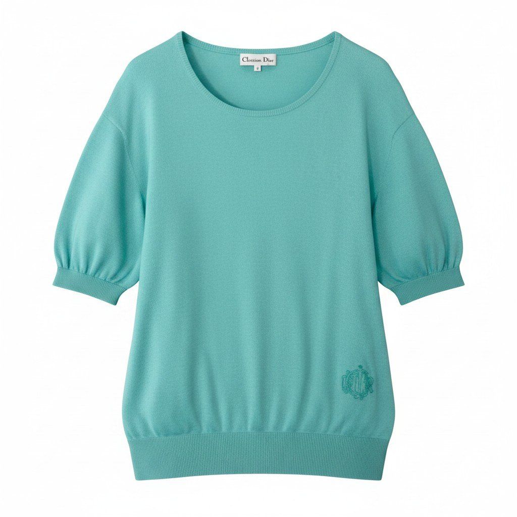Dior Short Sleeve Knit Pullover Summer Cotton One Point Embroidery M Blue Green