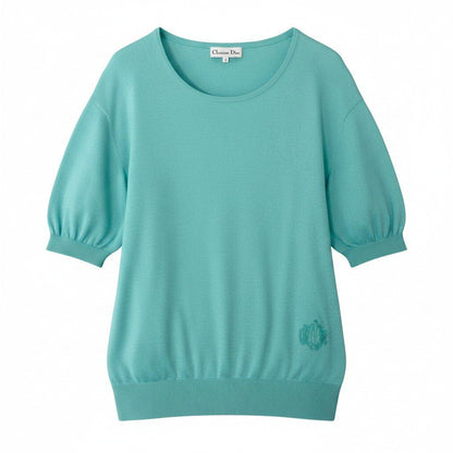 Dior Short Sleeve Knit Pullover Summer Cotton One Point Embroidery M Blue Green