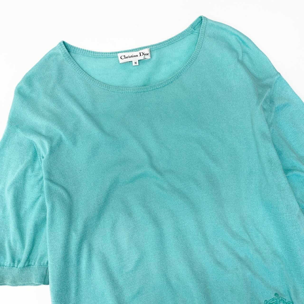 Dior Short Sleeve Knit Pullover Summer Cotton One Point Embroidery M Blue Green — view 4
