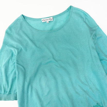 Dior Short Sleeve Knit Pullover Summer Cotton One Point Embroidery M Blue Green — view 4
