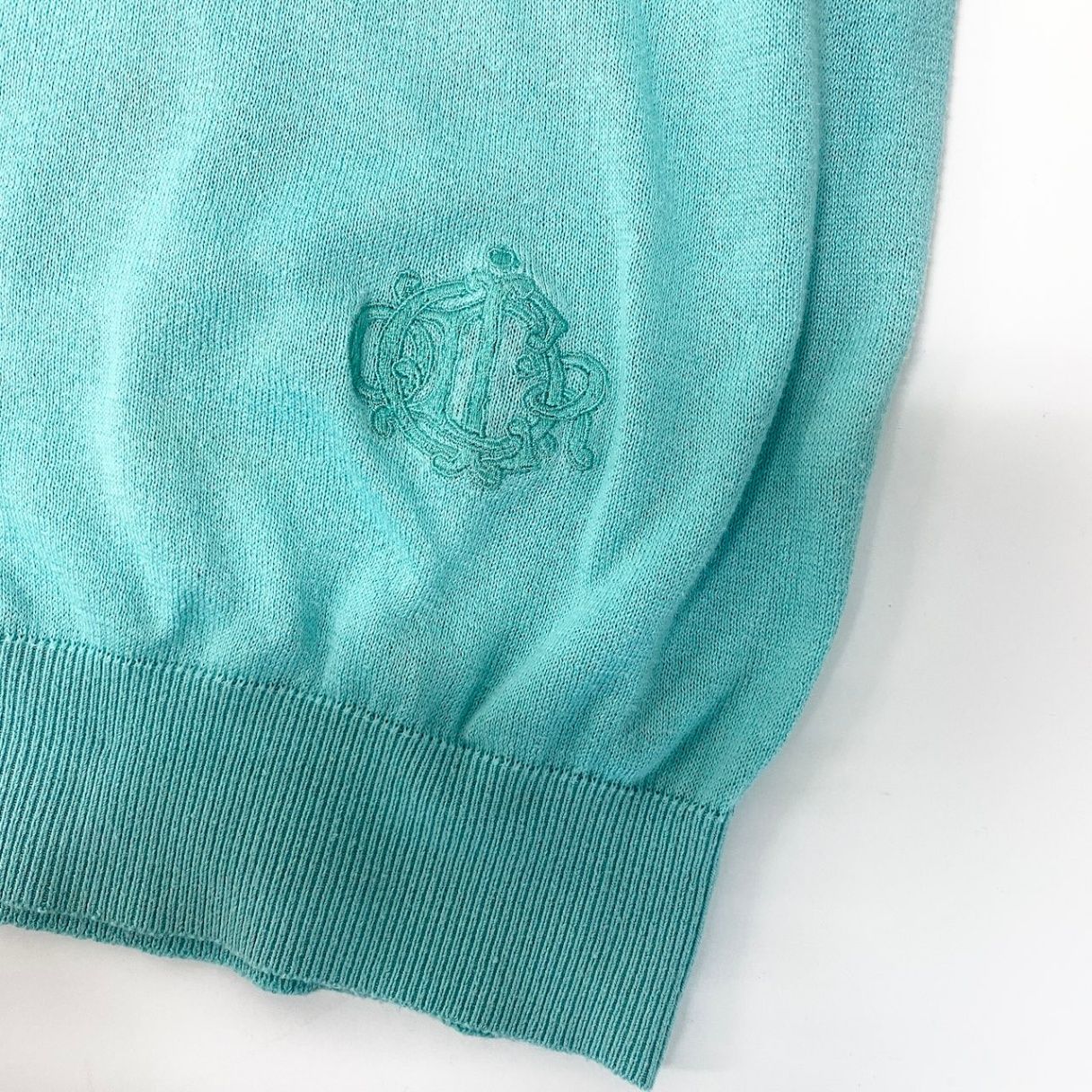 Dior Short Sleeve Knit Pullover Summer Cotton One Point Embroidery M Blue Green — view 5
