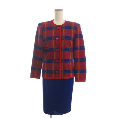 Saint Laurent Yves Set Knit Jacket Skirt Knee Length Check Wool Red Blue
