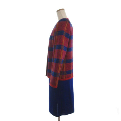 Saint Laurent Yves Set Knit Jacket Skirt Knee Length Check Wool Red Blue — view 2
