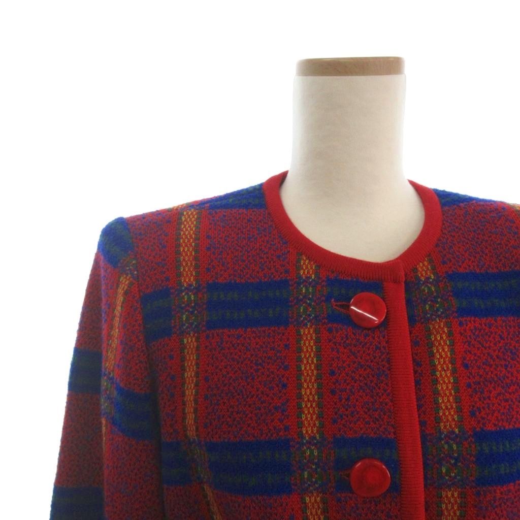 Saint Laurent Yves Set Knit Jacket Skirt Knee Length Check Wool Red Blue — view 4