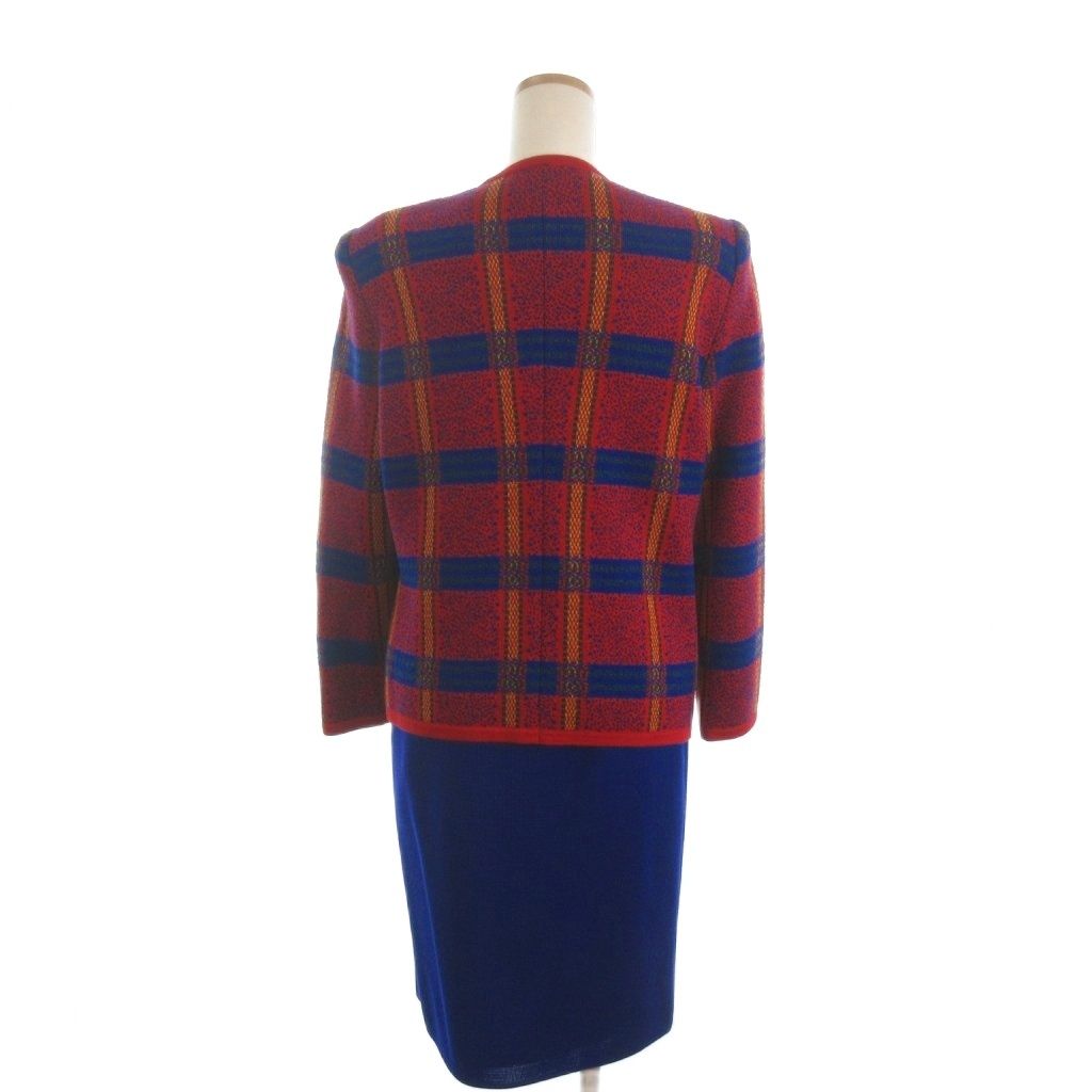 Saint Laurent Yves Set Knit Jacket Skirt Knee Length Check Wool Red Blue — view 3