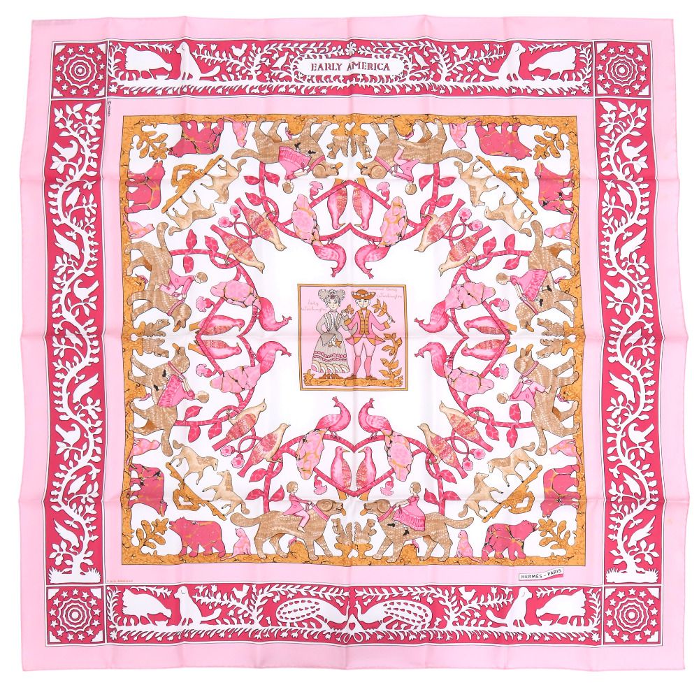 Hermes Carre 90 Early America Vintage Silk Shawl Pink Scarf