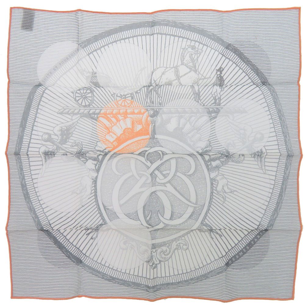 Hermes Carre 40 Chase Suit ET Poursuite Handkerchief Cotton Gray Orange