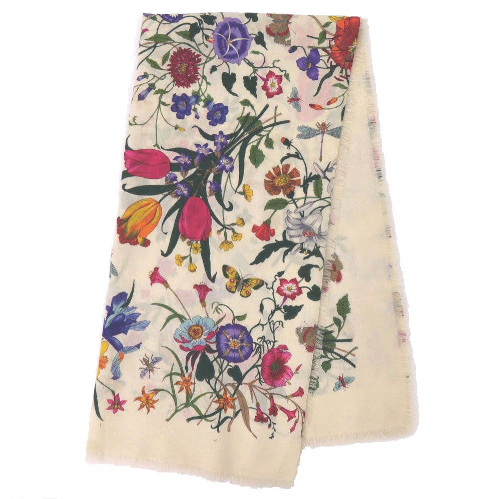 Gucci Flora Floral Shawl Wool Ivory Pink Yellow Green Purple Scarf