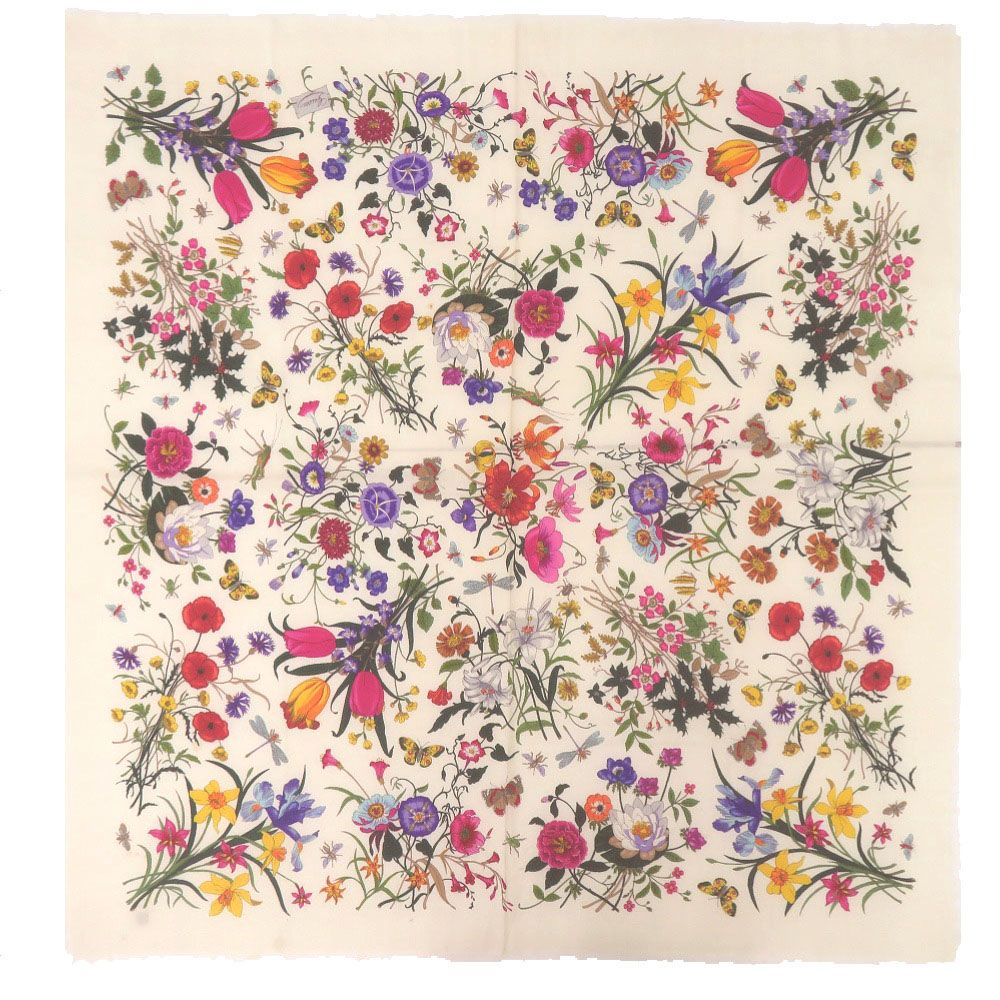 Gucci Flora Floral Shawl Wool Ivory Pink Yellow Green Purple Scarf — view 3