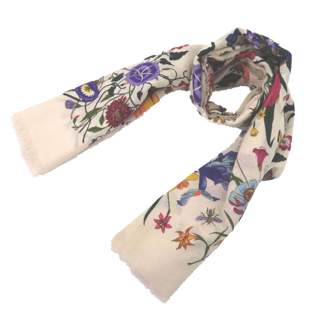 Gucci Flora Floral Shawl Wool Ivory Pink Yellow Green Purple Scarf — view 4