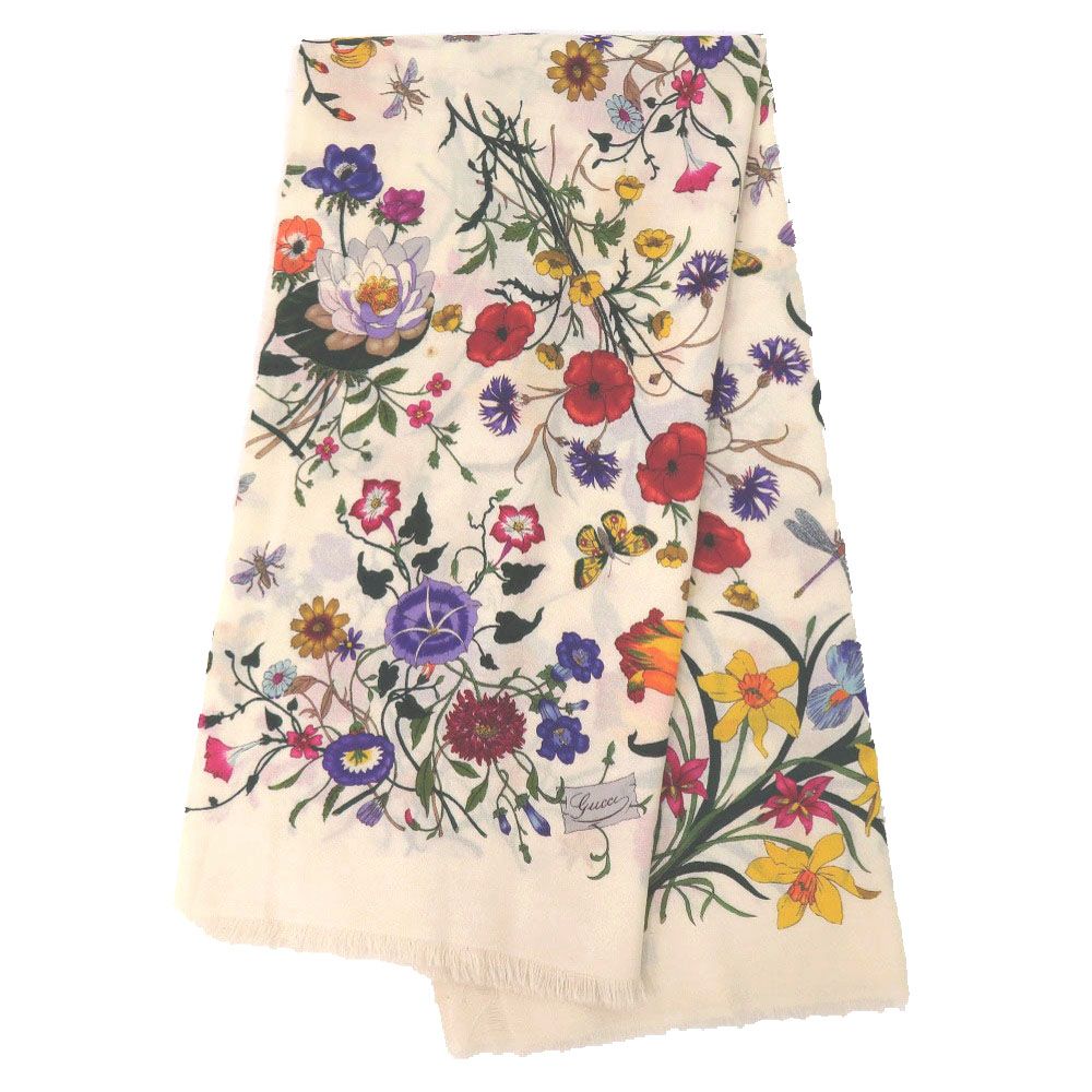 Gucci Flora Floral Shawl Wool Ivory Pink Yellow Green Purple Scarf — view 2