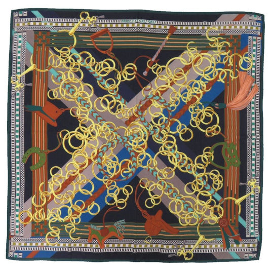 Hermes Carre 140 Bridle and Charm Brides ET Gray Scarf Silk Green Black Yellow