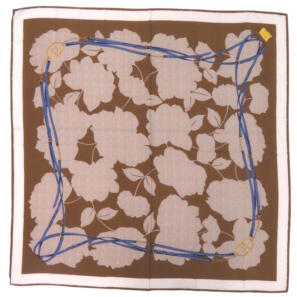 Gucci Flower Print Belt Scarf Silk Brown Blue White