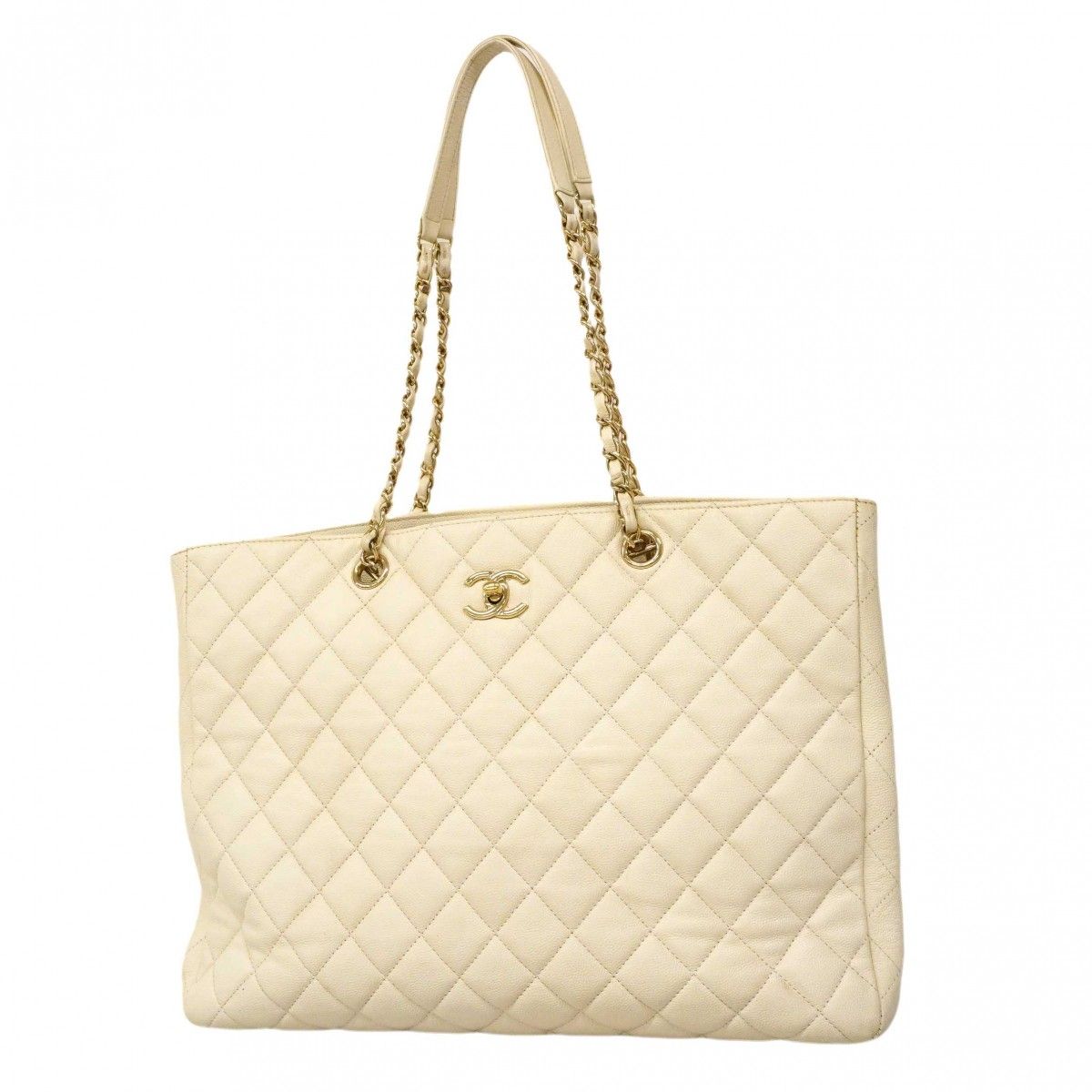 Chanel Chain Tote Quilted Caviar Leather White Gold