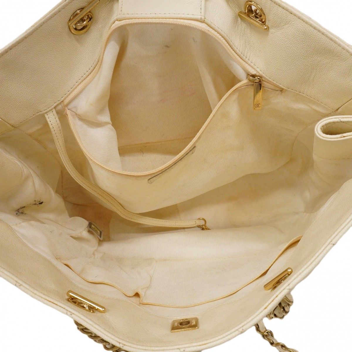 Chanel Chain Tote Quilted Caviar Leather White Gold — view 4